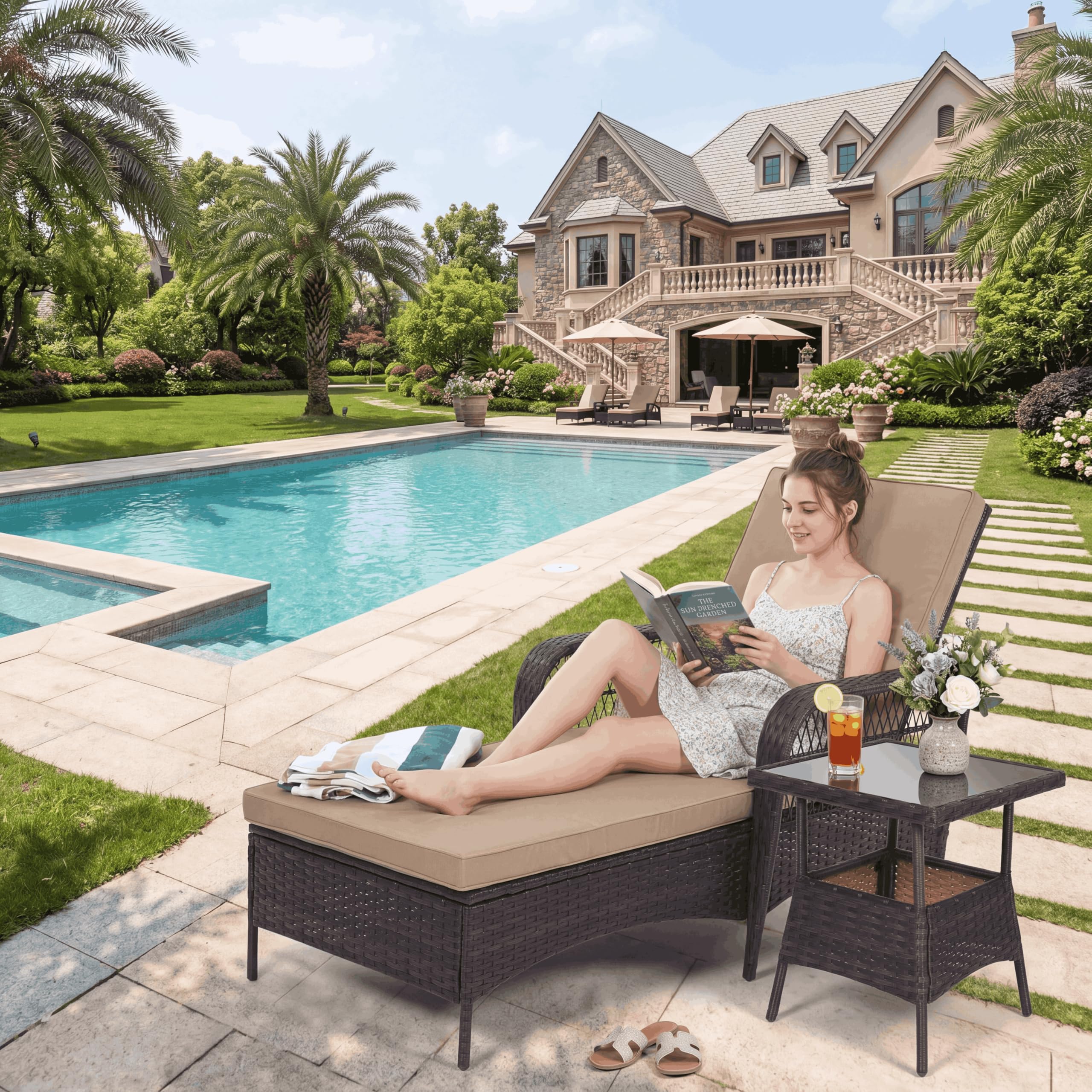 LEVELEVE Outdoor Wicker Chaise Lounge Sets, Patio Recliner Chairs with Tea Table