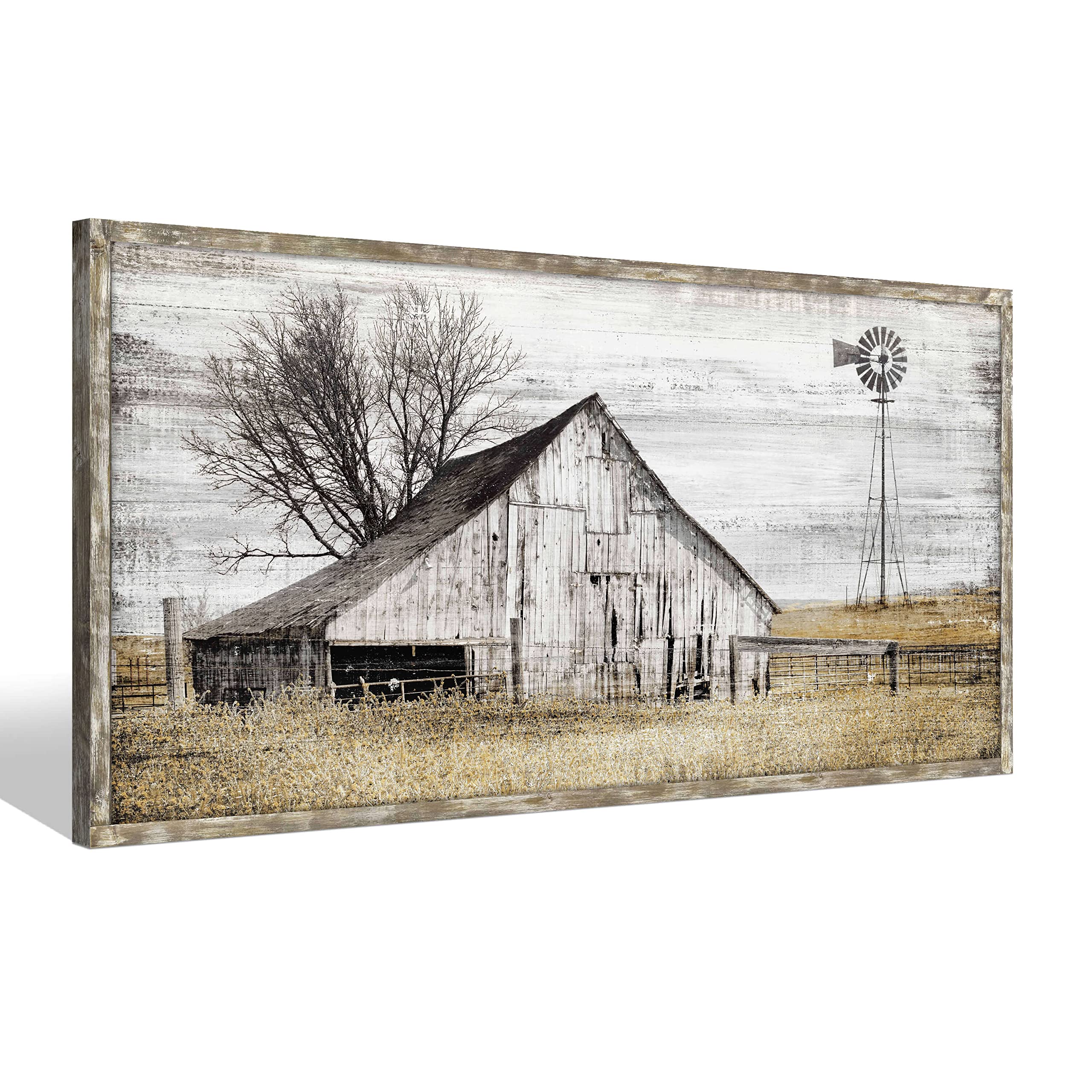 Farmhouse Wood Wall Art Picture: Living Room Framed Rustic Old Barn American Flag Painting Decor Bedroom Large Black White Country Rural Farm Scene Print Horizontal Patriotic Countryside Nature