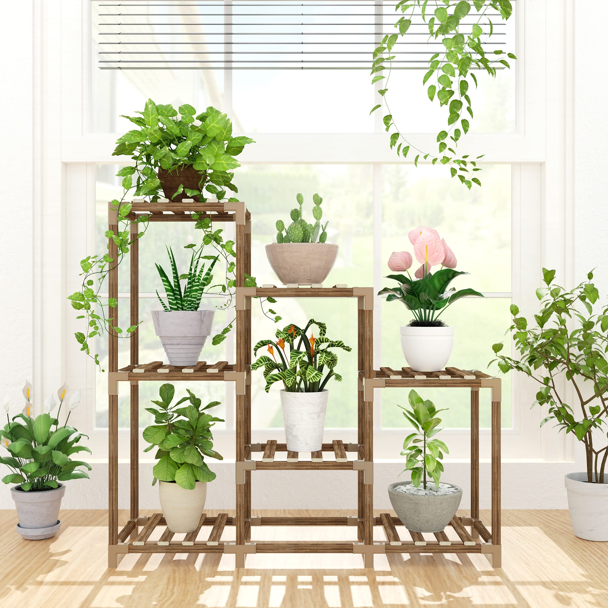 Tikea - Hexagonal Plant Stand Indoor Outdoor Large 11 Tiered Wooden Plant Shelf Indoor Creative Flower Decor for Living Room Balcony Patio