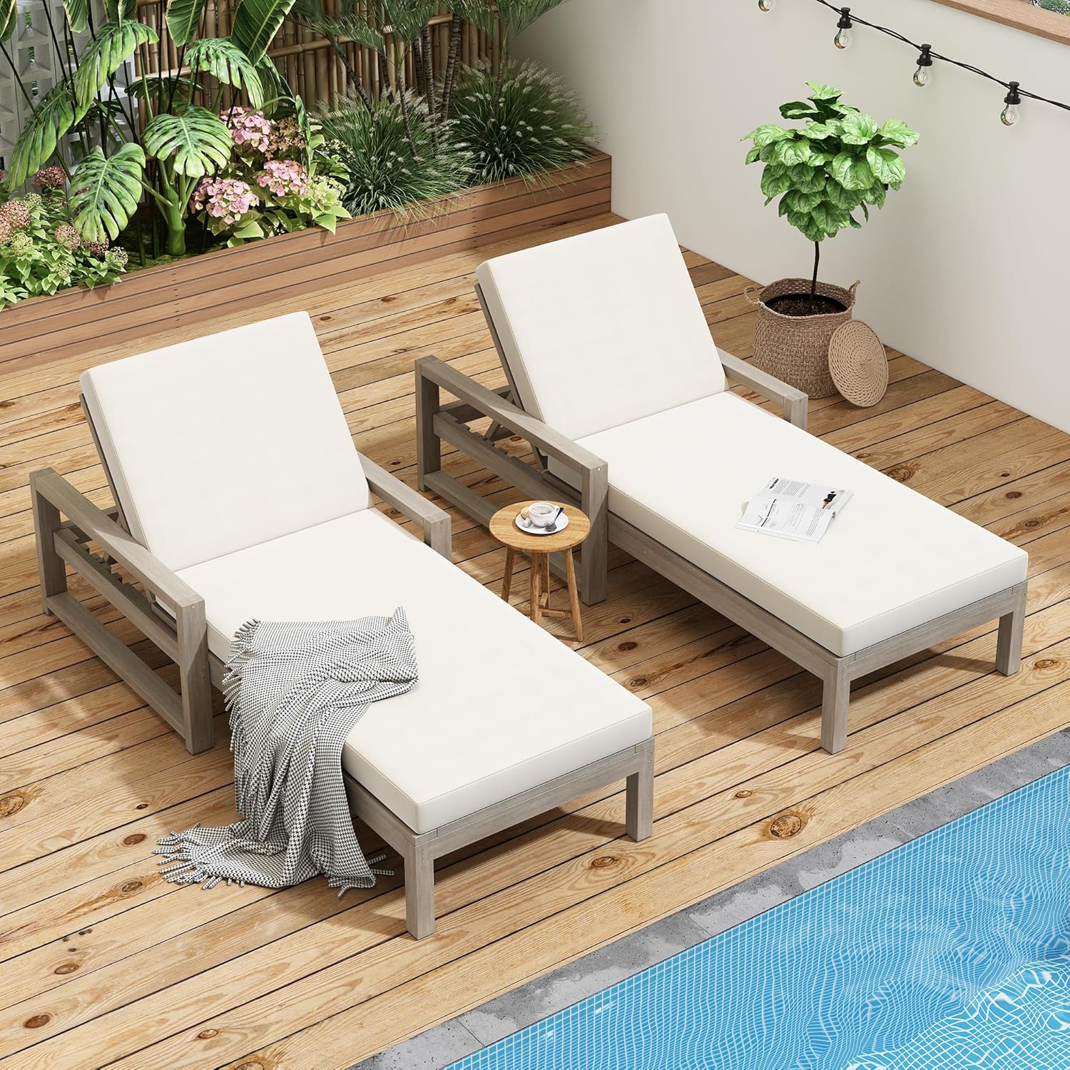 Leisure Zone 5-Position Adjustable Outdoor Chaise Lounge, Solid Acacia Wood Patio Recliner Chair with Beige Thick Weather-Resistant Cushions for Pool, Garden, Balcony (Light Teak)