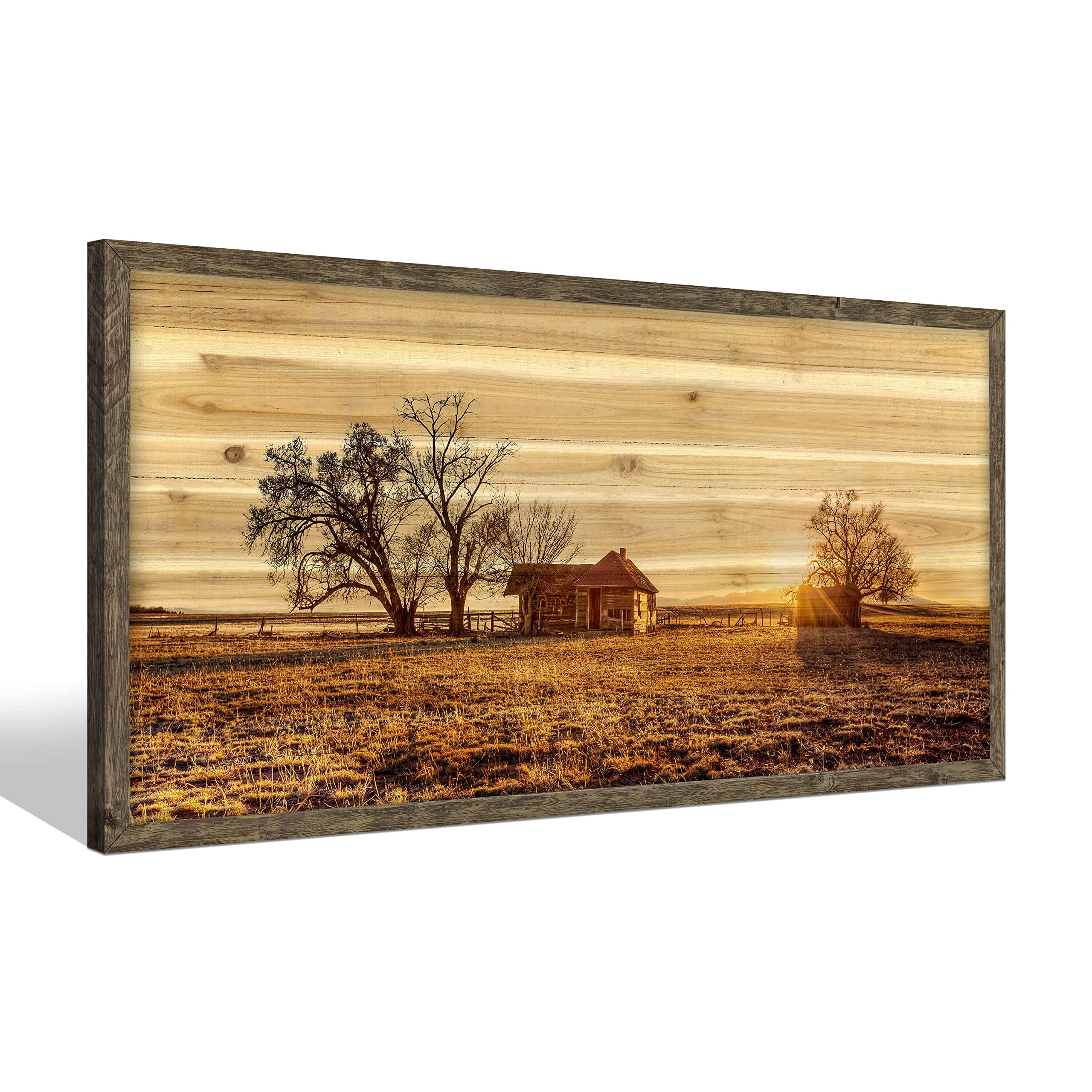 Farmhouse Wood Wall Art Picture: Living Room Framed Rustic Old Barn American Flag Painting Decor Bedroom Large Black White Country Rural Farm Scene Print Horizontal Patriotic Countryside Nature