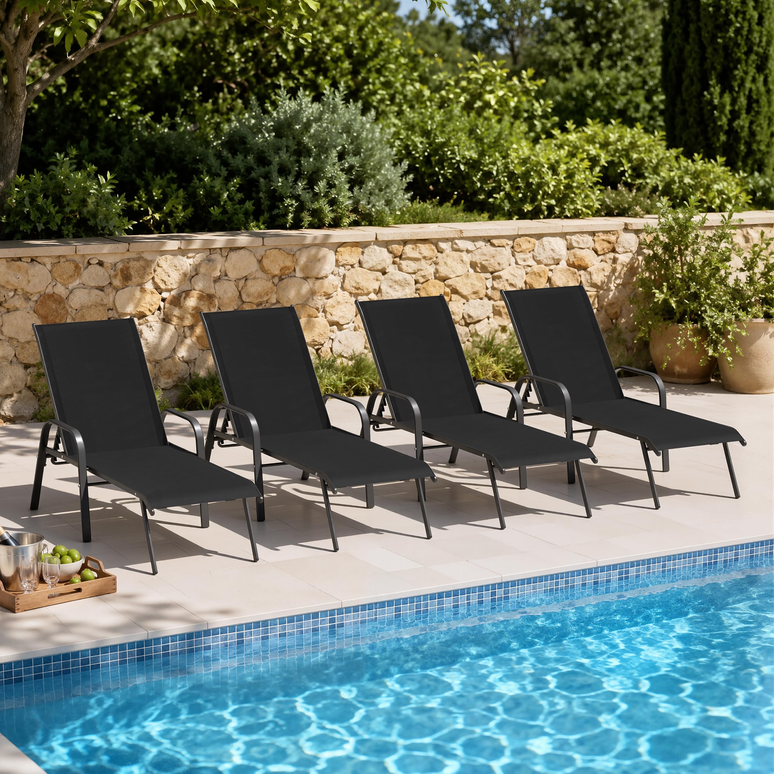 2PC Beige Crestlive Outdoor Chaise Lounge Chair with 5-Position Recline