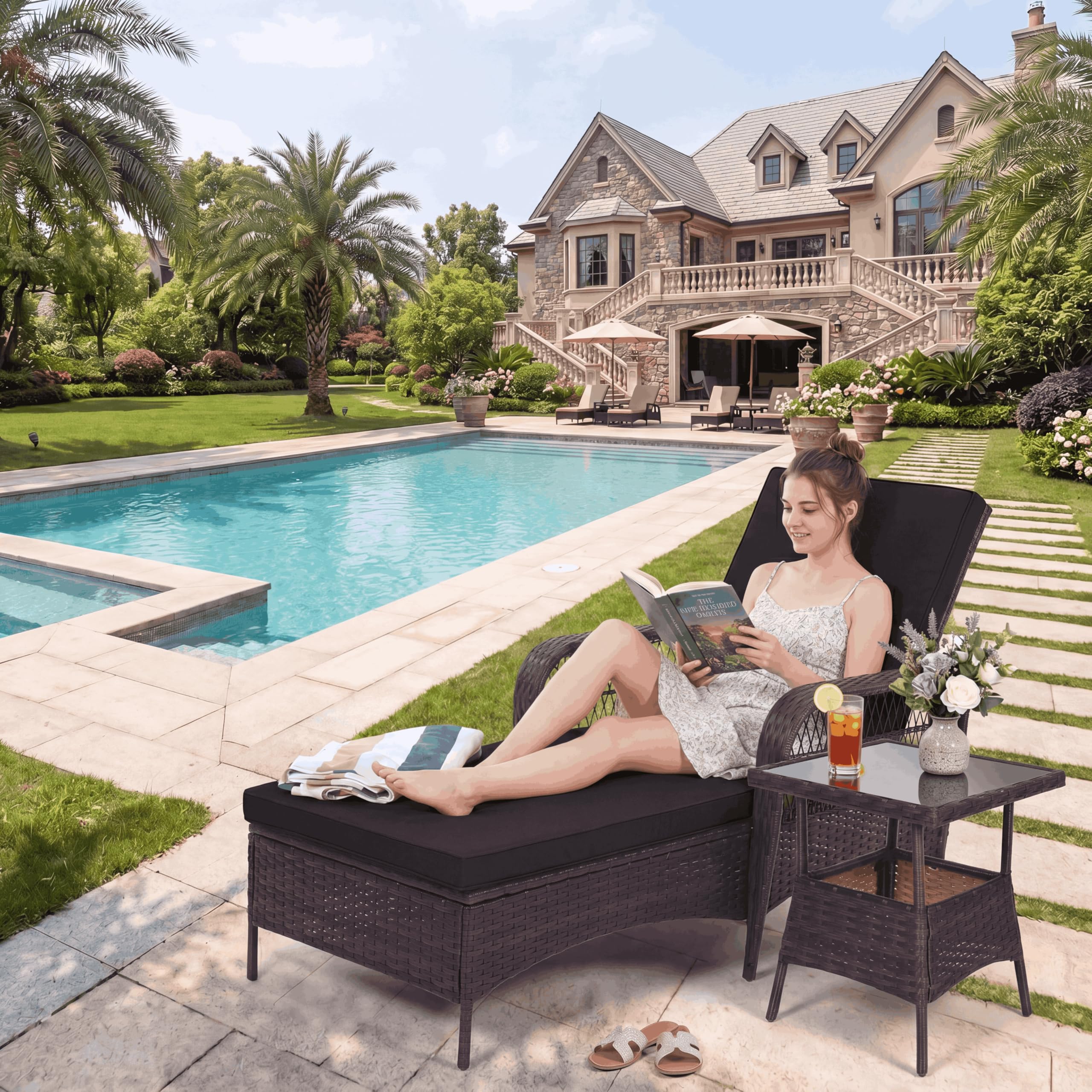 LEVELEVE Outdoor Wicker Chaise Lounge Sets, Patio Recliner Chairs with Tea Table