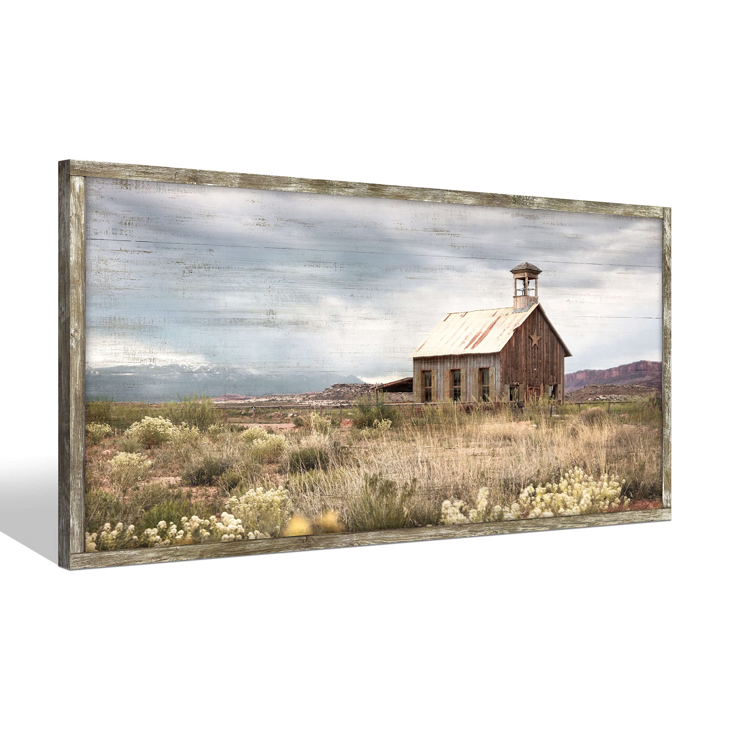 Farmhouse Wood Wall Art Picture: Living Room Framed Rustic Old Barn American Flag Painting Decor Bedroom Large Black White Country Rural Farm Scene Print Horizontal Patriotic Countryside Nature