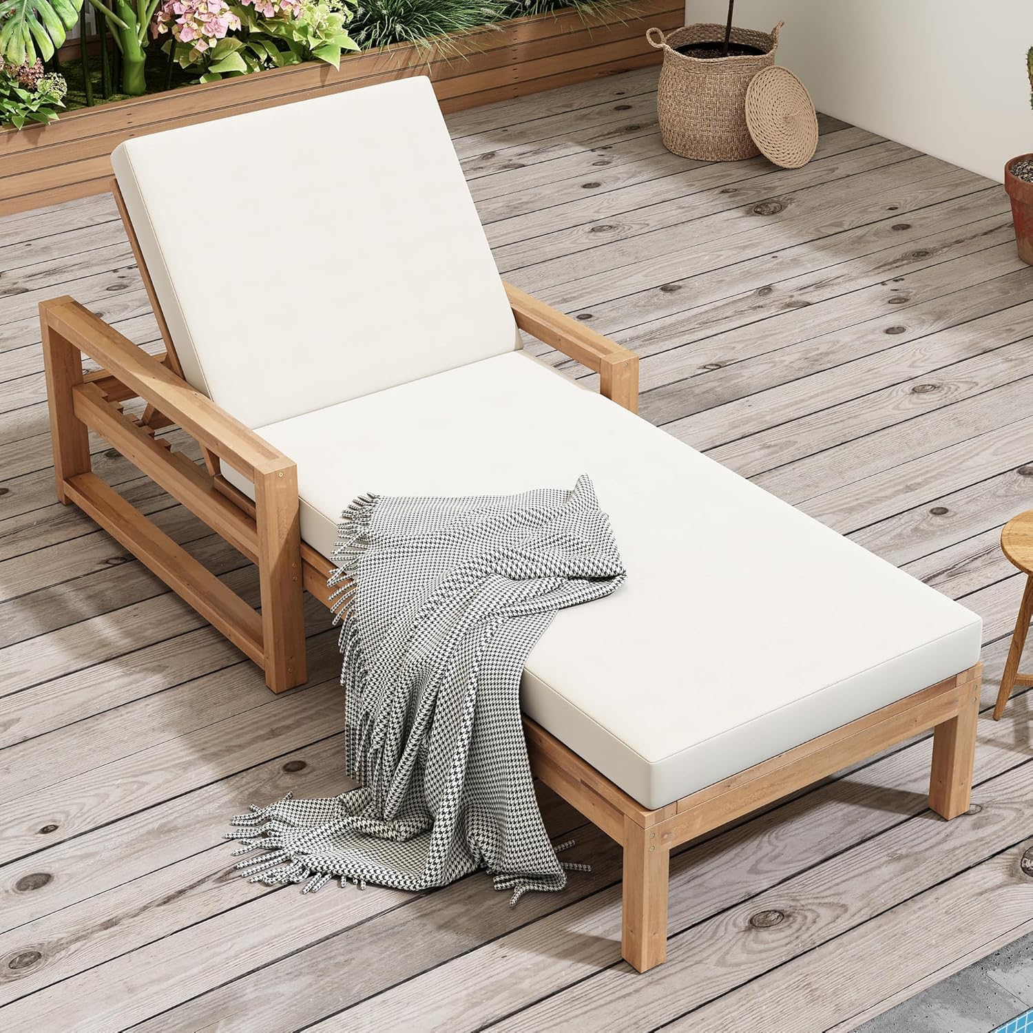 Leisure Zone 5-Position Adjustable Outdoor Chaise Lounge, Solid Acacia Wood Patio Recliner Chair with Beige Thick Weather-Resistant Cushions for Pool, Garden, Balcony (Light Teak)