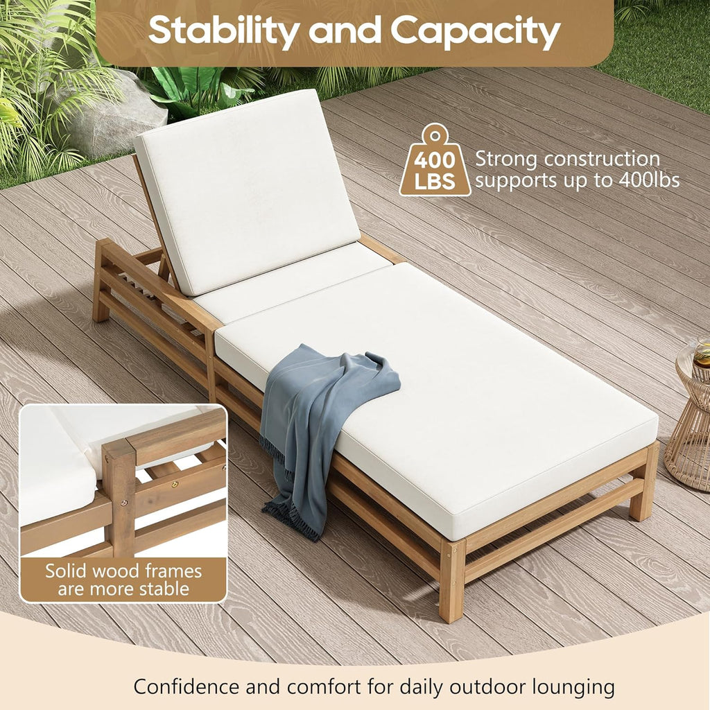 Leisure Zone 5-Position Adjustable Outdoor Chaise Lounge, Solid Acacia Wood Patio Recliner Chair with Beige Thick Weather-Resistant Cushions for Pool, Garden, Balcony (Light Teak)