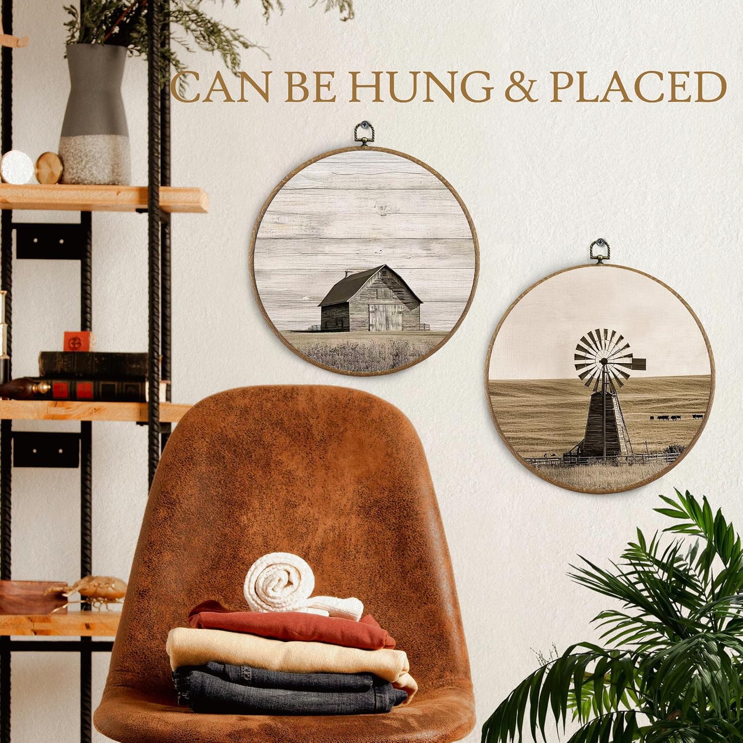 BitKAM Vintage Farmhouse Western Cow Round Wall Art Decor, Rustic Country Canvas Prints Framed, Retro Western Prints Wall Hanging Decorations for Home Bedroom, 10x10 Inch Wall Sculptures Set of 4