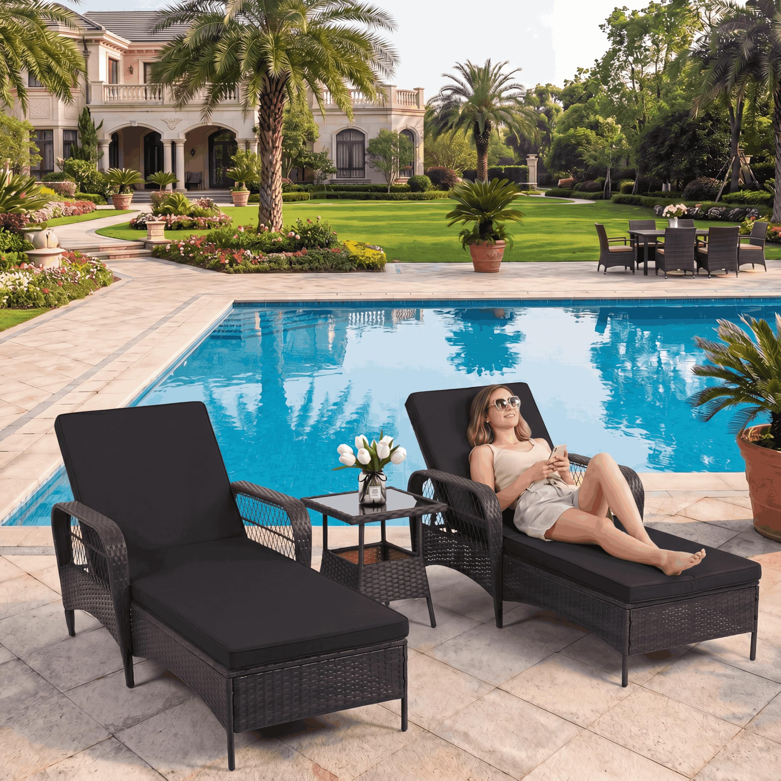 LEVELEVE Outdoor Wicker Chaise Lounge Sets, Patio Recliner Chairs with Tea Table