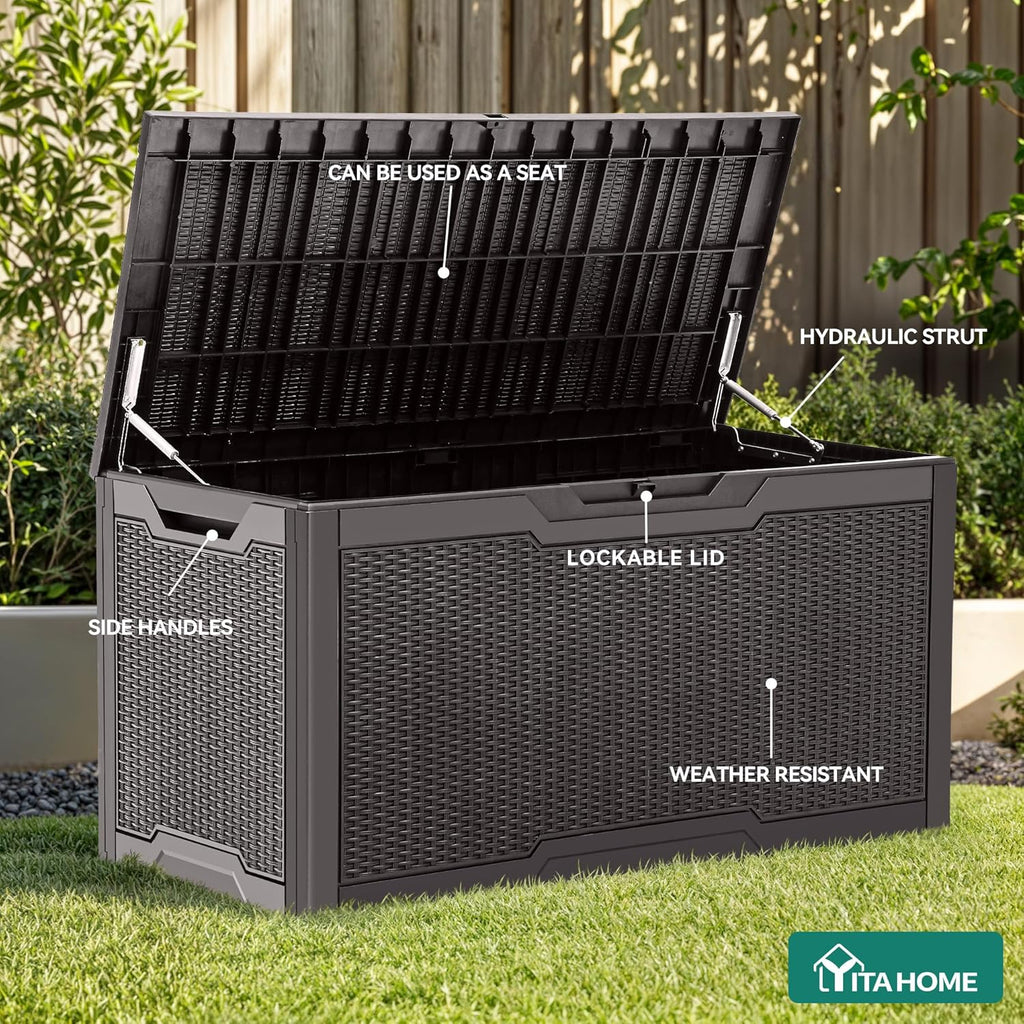 YITAHOME 100 Gallon Resin Deck Box, Weather Resistant Outdoor Storage Box, Lockable Indoor Outdoor Storage for Supplies and Essentials, Dark Brown