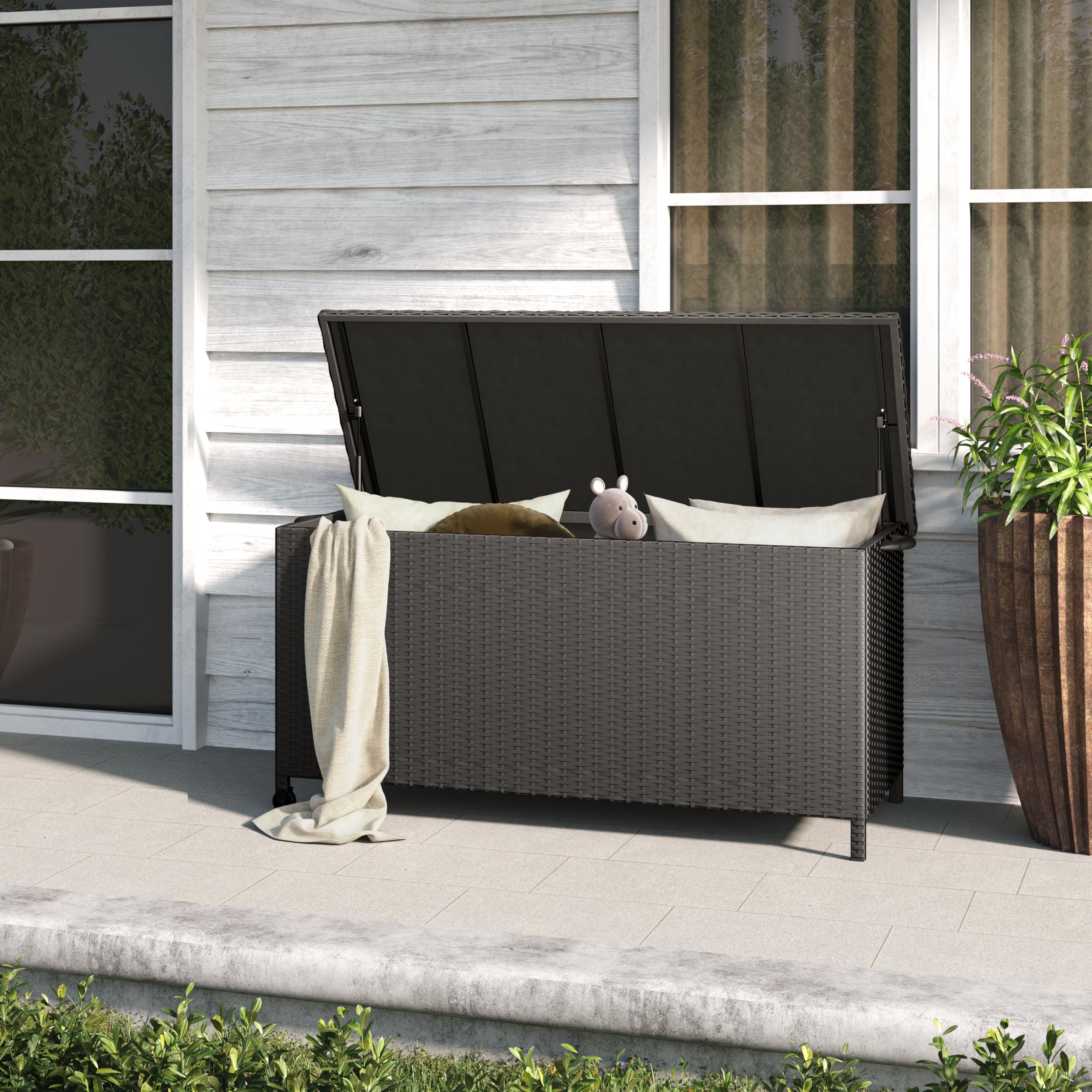 Grand patio 170 Gallon Deck Storage Box Deck Box Outdoor Storage Box Indoor Wicker Storage Bin Patio Storage Box for Patio Furniture Cushions Garden Tools Pool Accessories, Black