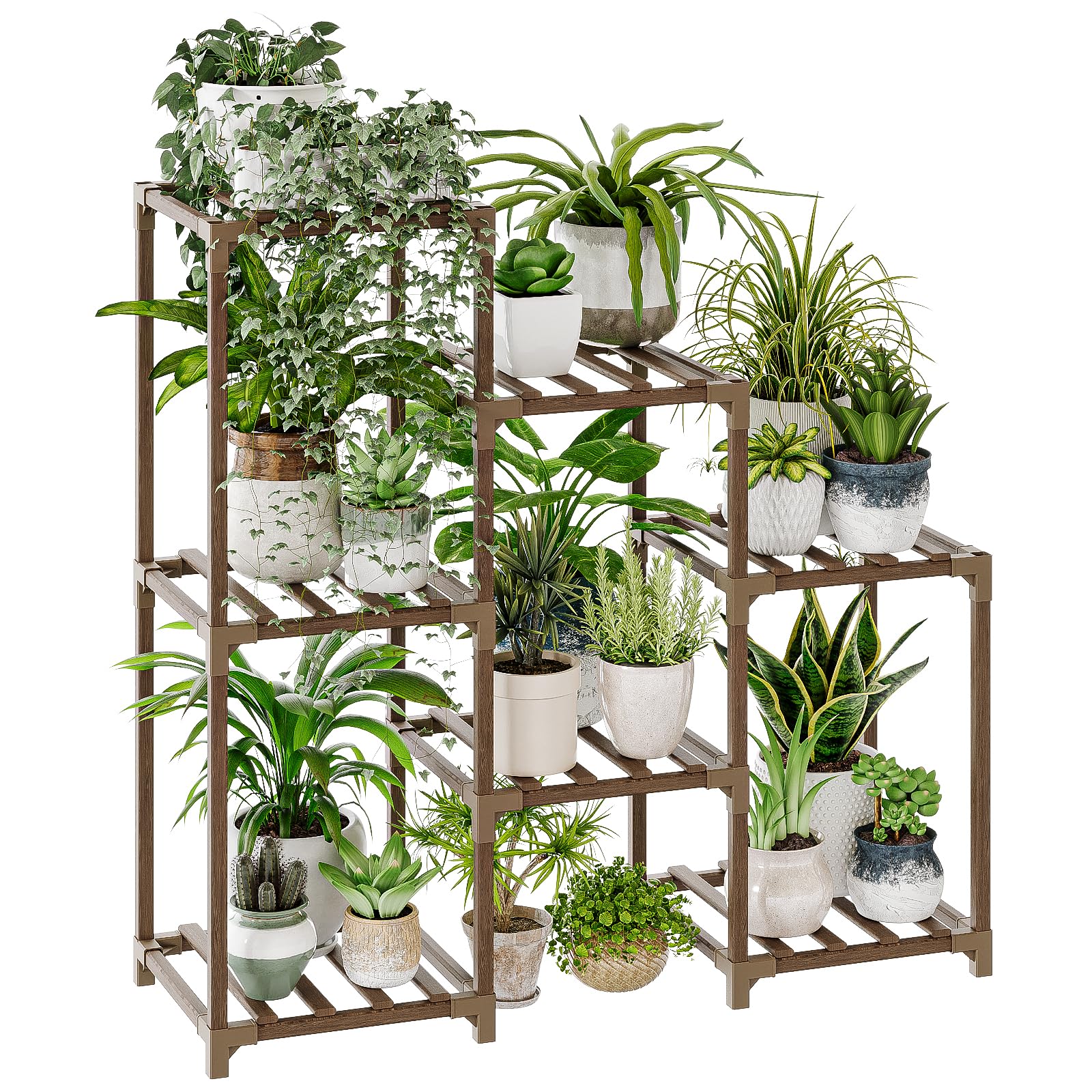 Bamworld Large Plant Shelf Outdoor Wood Plant Stand Large Rack for Living Room Patio, Balcony and Garden