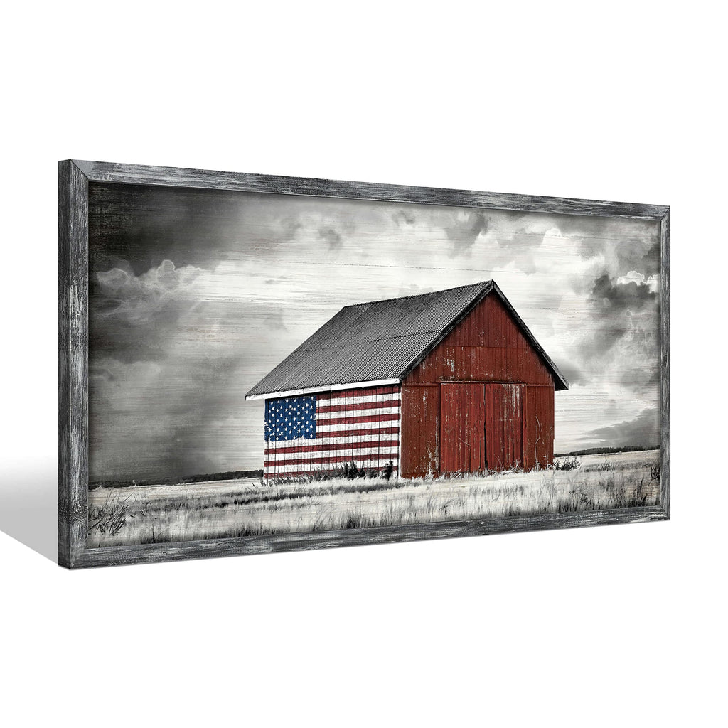 Farmhouse Wood Wall Art Picture: Living Room Framed Rustic Old Barn American Flag Painting Decor Bedroom Large Black White Country Rural Farm Scene Print Horizontal Patriotic Countryside Nature