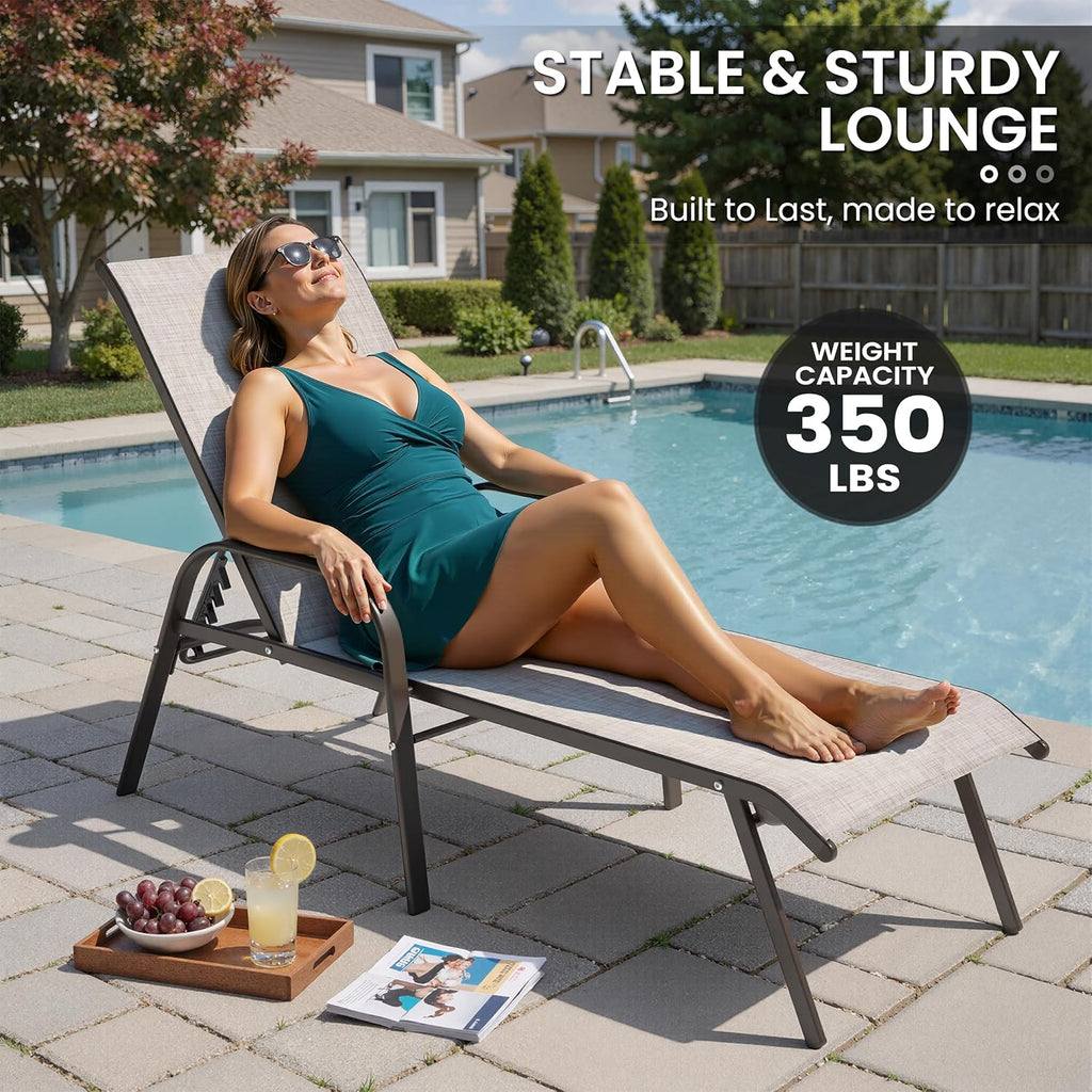 2PC Beige Crestlive Outdoor Chaise Lounge Chair with 5-Position Recline