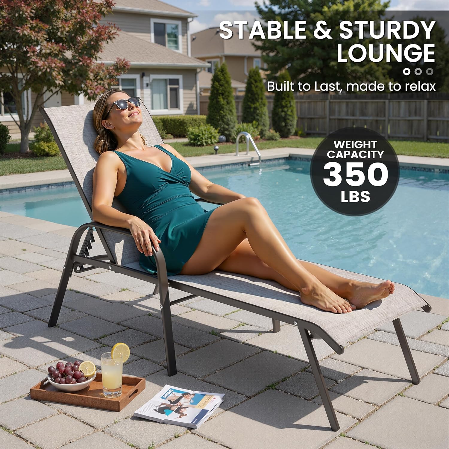 2PC Beige Crestlive Outdoor Chaise Lounge Chair with 5-Position Recline