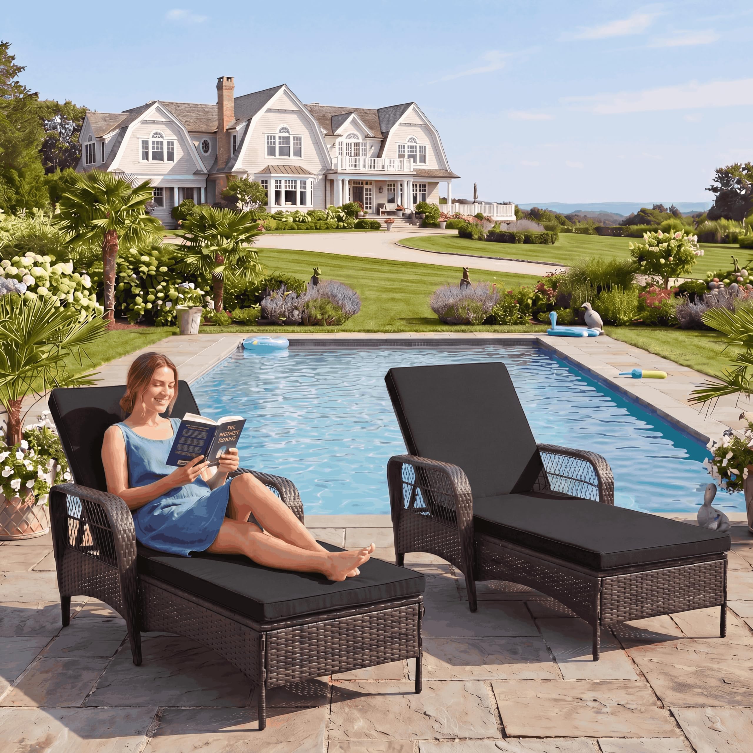 LEVELEVE Outdoor Wicker Chaise Lounge Sets, Patio Recliner Chairs with Tea Table
