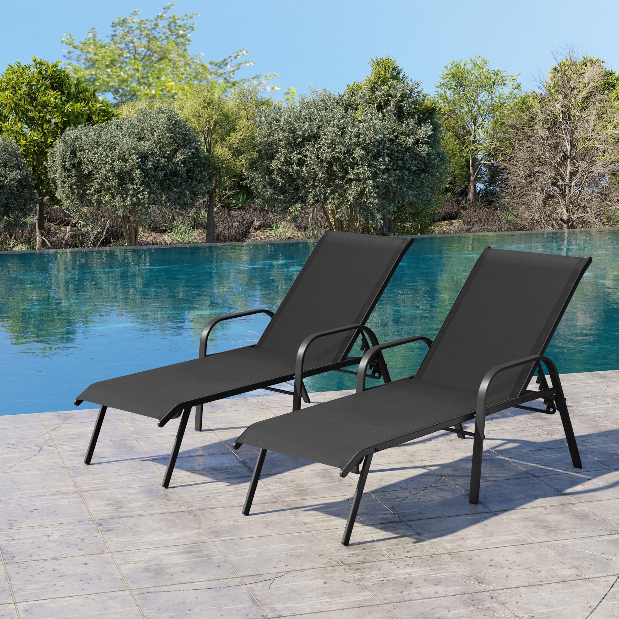 2PC Beige Crestlive Outdoor Chaise Lounge Chair with 5-Position Recline
