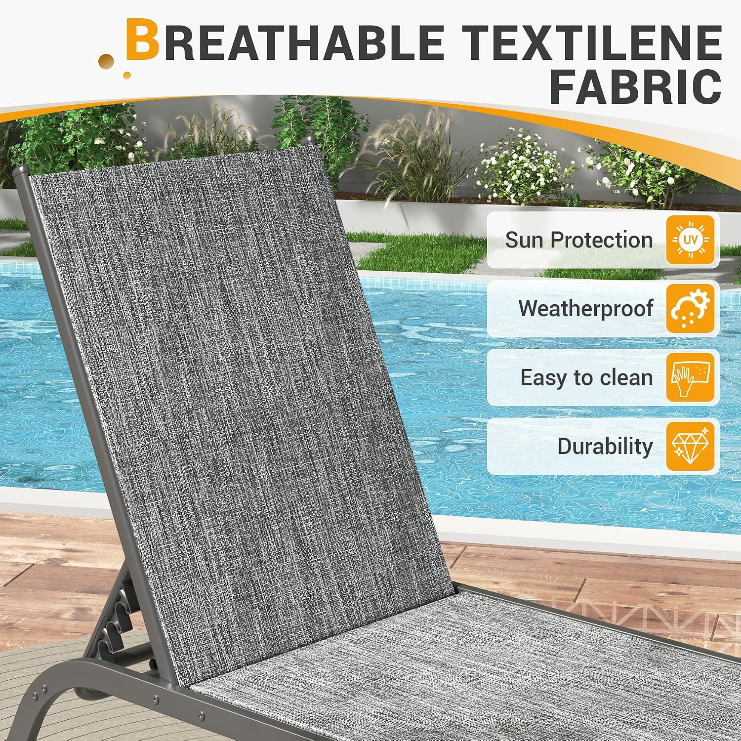 UDPATIO Chaise Lounge Outdoor Set of 3, Aluminum Lounge Chair, 5 Adjustable Position Backrest Pool Lounger with Wheels and Side Table for Patio Pool Patio (Grey)