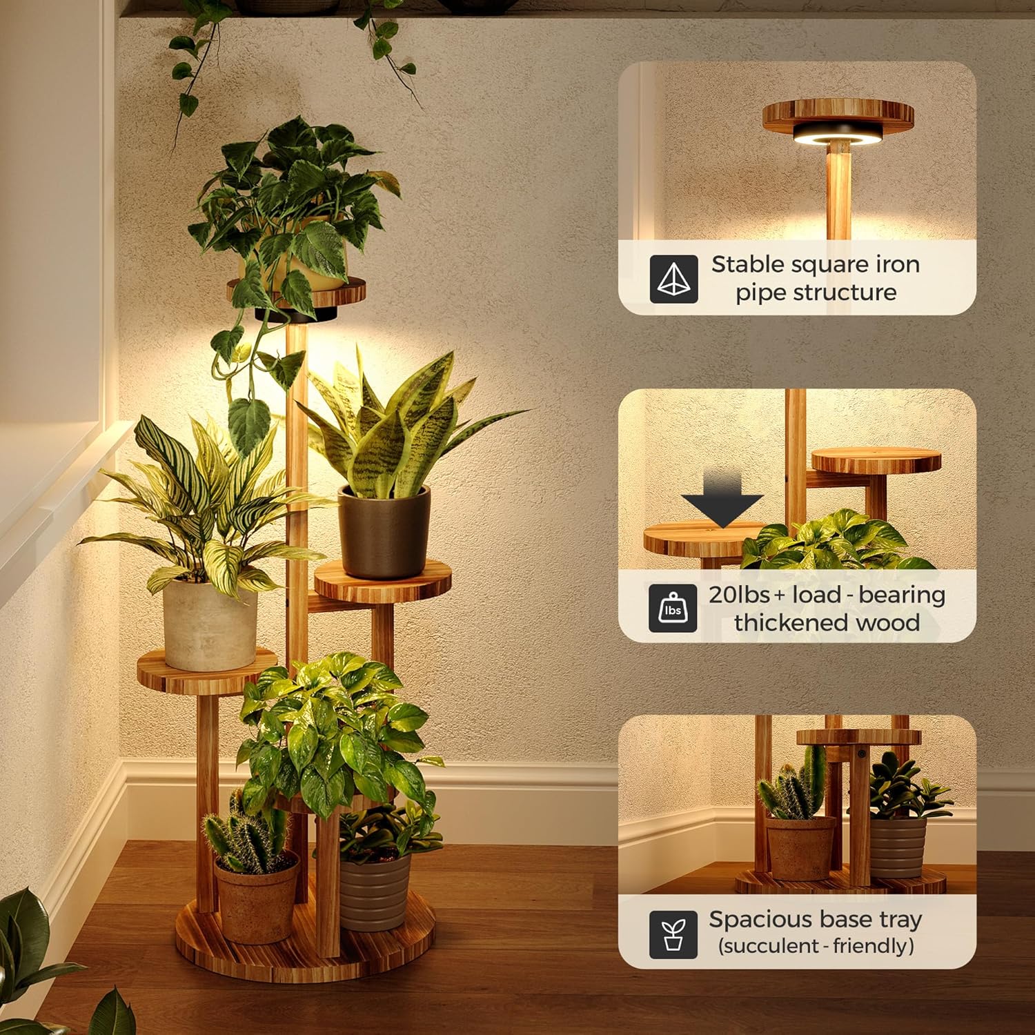 4-Tier Wood Plant Stand with Grow Lights, Indoor & Outdoor Plant Shelf