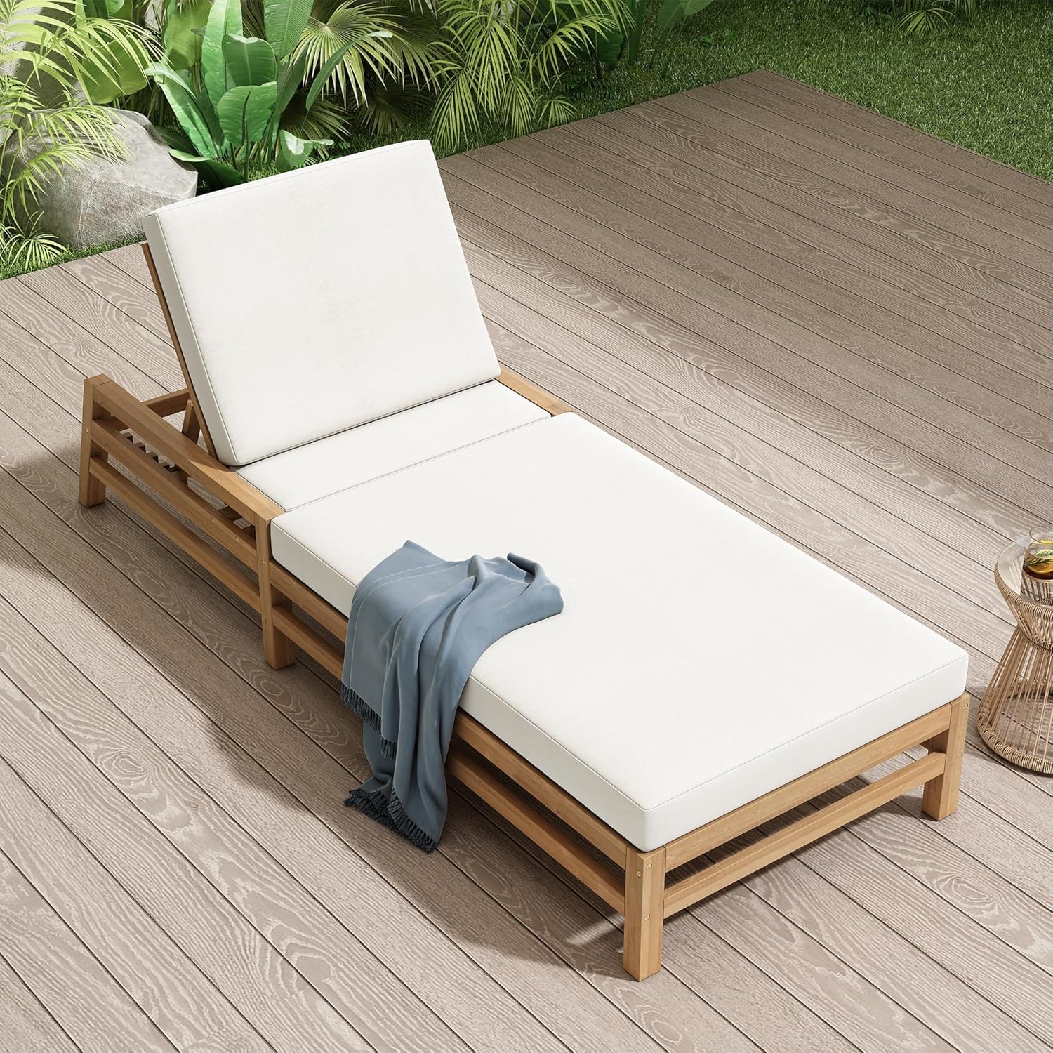 Leisure Zone 5-Position Adjustable Outdoor Chaise Lounge, Solid Acacia Wood Patio Recliner Chair with Beige Thick Weather-Resistant Cushions for Pool, Garden, Balcony (Light Teak)